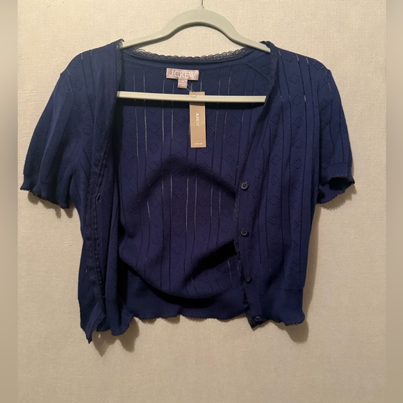 NWT J. Crew Pointelle short-sleeve V-neck cardigan ultra-fine cotton Navy Small - Picture 5 of 5